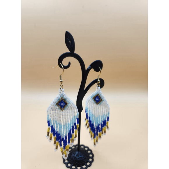 Handcrafted Beaded Fringe Earrings Blue White Yellow - Picture 4 of 9